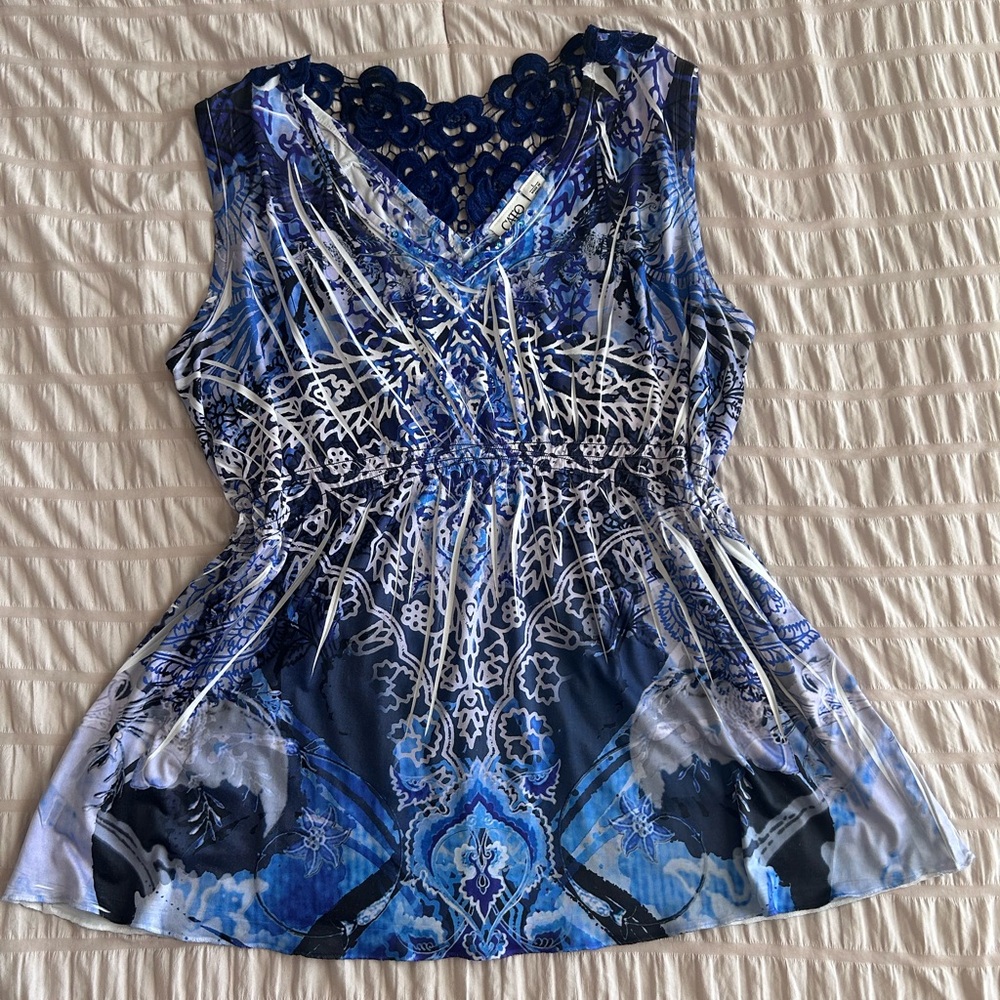 CATO Blue Boho Baby Doll Flowy Tank Top (L)